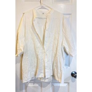White Embroidered Cotton 3XL Blouse Mandarin Collar Button Down Shirt